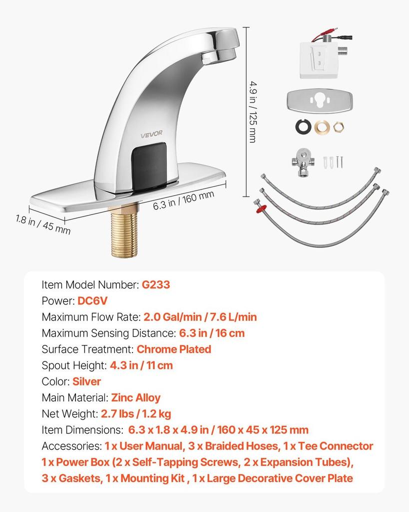 Touchless Bathroom Sink Faucet, Automatic Motion Sensor Restroom Toilet Faucet with Hole Cover Plate, Battery Operated,Hot/Cold Water for 9.5 mm Pipe