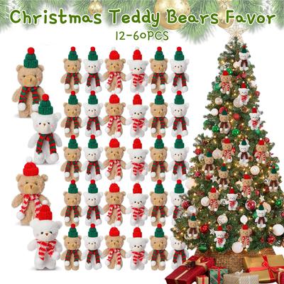 12-60Pcs Christmas Stuffed Animals Mini Teddy Bears Bulk Christmas Plushies for Christmas Party Favors Xmas Tree Ornaments