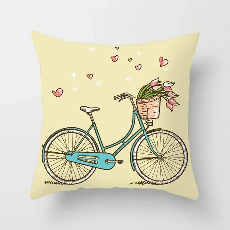 45X45Cm Home Decor Cushion Cover For Living Room Bedroom Decorative Polyester Pillowcases Flowers Bike Printed Pillow Cover