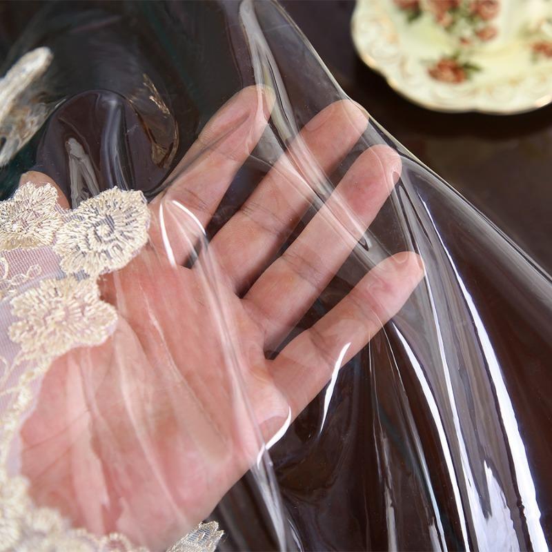 Waterproof Table Cloth PVC Transparent Dining Table Cover Soft TableCloth Champagne Lace Embroidered Oil-proof Crystal Plate