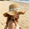 Sun Hat Hand-Crocheted Chrysanthemums Large Brim Strong Sun Protection Wave Shape Face Slimming Vacation Style Travel Hat