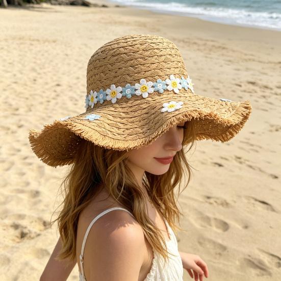 Sun Hat Hand-Crocheted Chrysanthemums Large Brim Strong Sun Protection Wave Shape Face Slimming Vacation Style Travel Hat