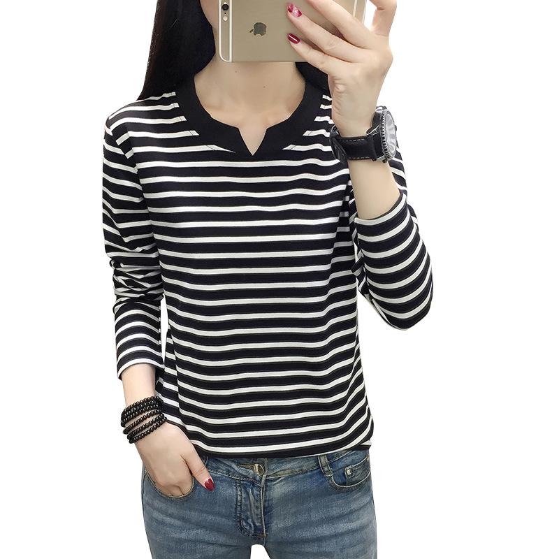2024 Women's Loose Striped V-Neck Long-Sleeve T-Shirt - Versatile Spring Top