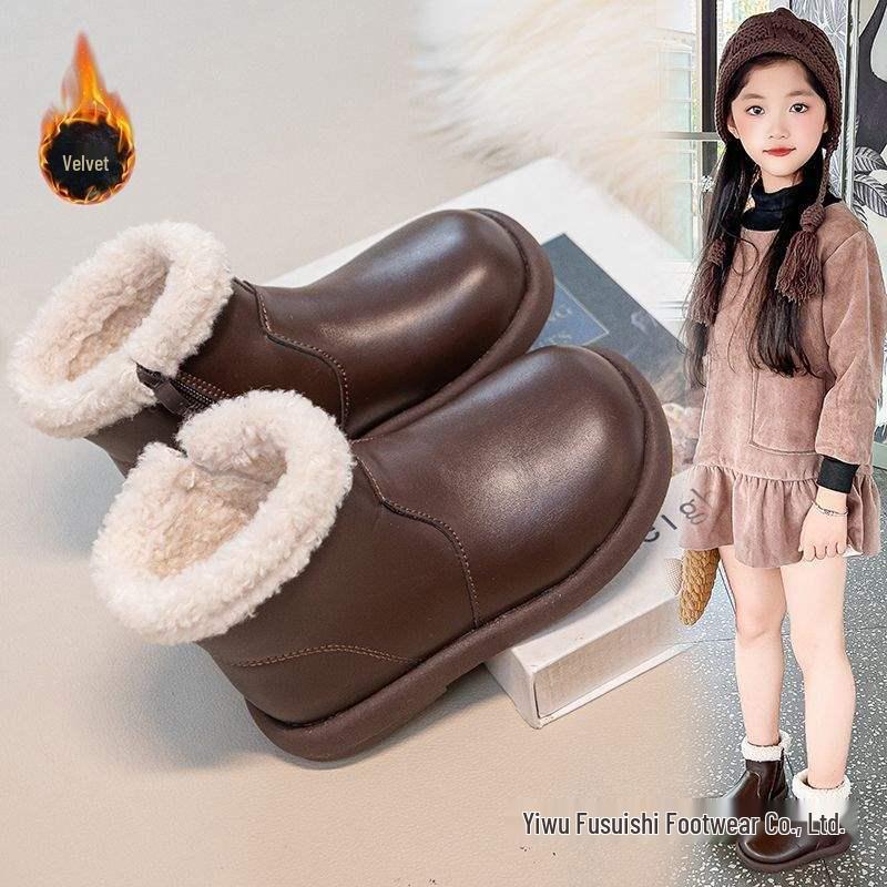 Girls' Non-slip Waterproof Leather Snow Boots with Soft Sole and Velvet Lining for All Seasons