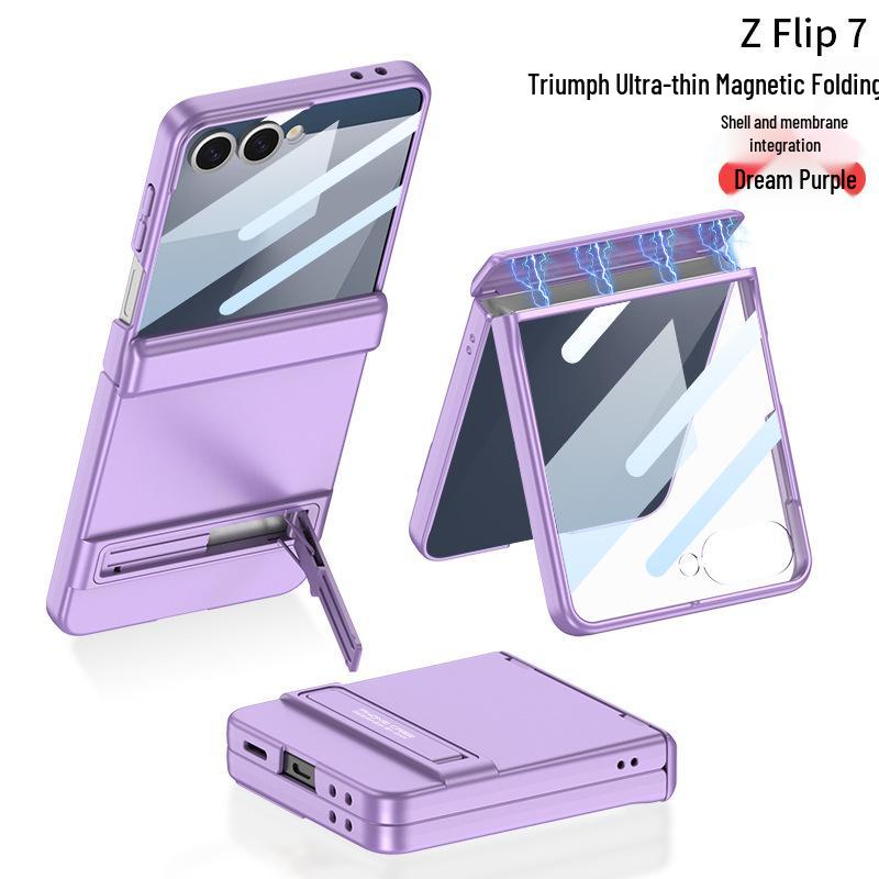Slim Samsung Z Flip7 Case with Triumph Stand, Full Coverage, Anti-Fall, Solid Color, Hinge Protection
