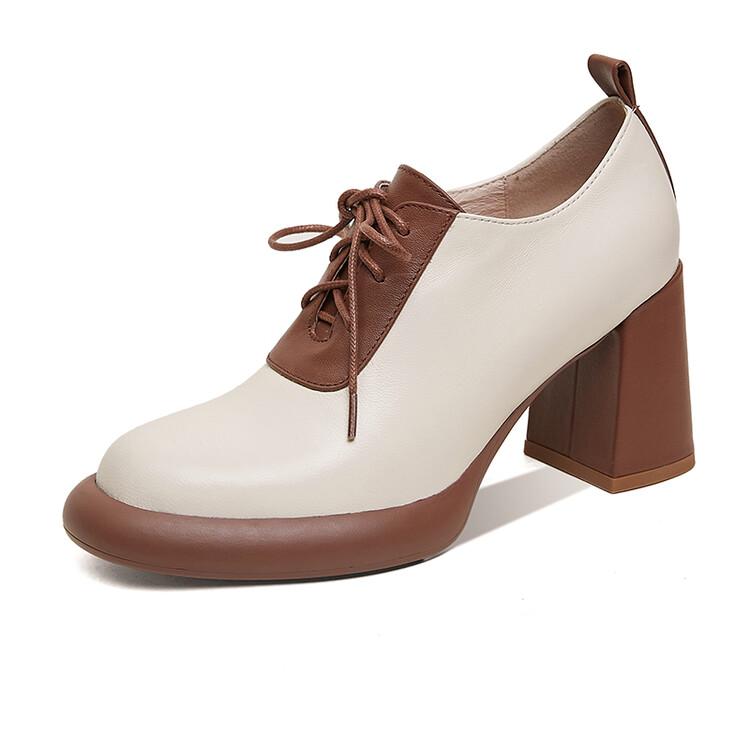 

Fashion NEW Spring Women Shoes Round Toe High heels Genuine Leather Chunky Heel Women Pumps Lace Up Mixed Color Platform Shoes for Women 34 бежевий