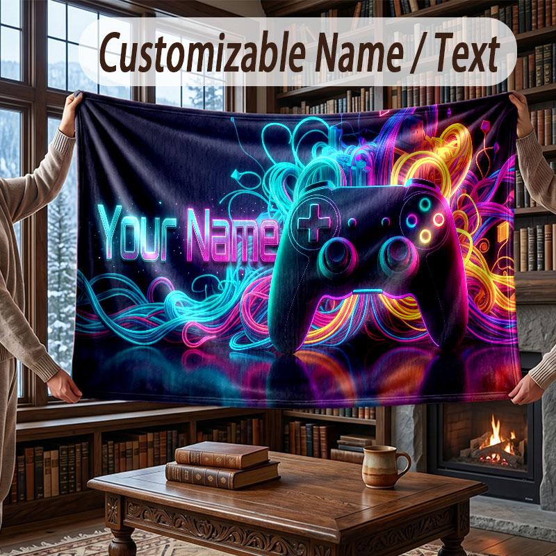 Game Controller Theme Throw Blanket Custom Name Text Personalized Blanket Soft Cozy Blanket for Home Sofa Bed