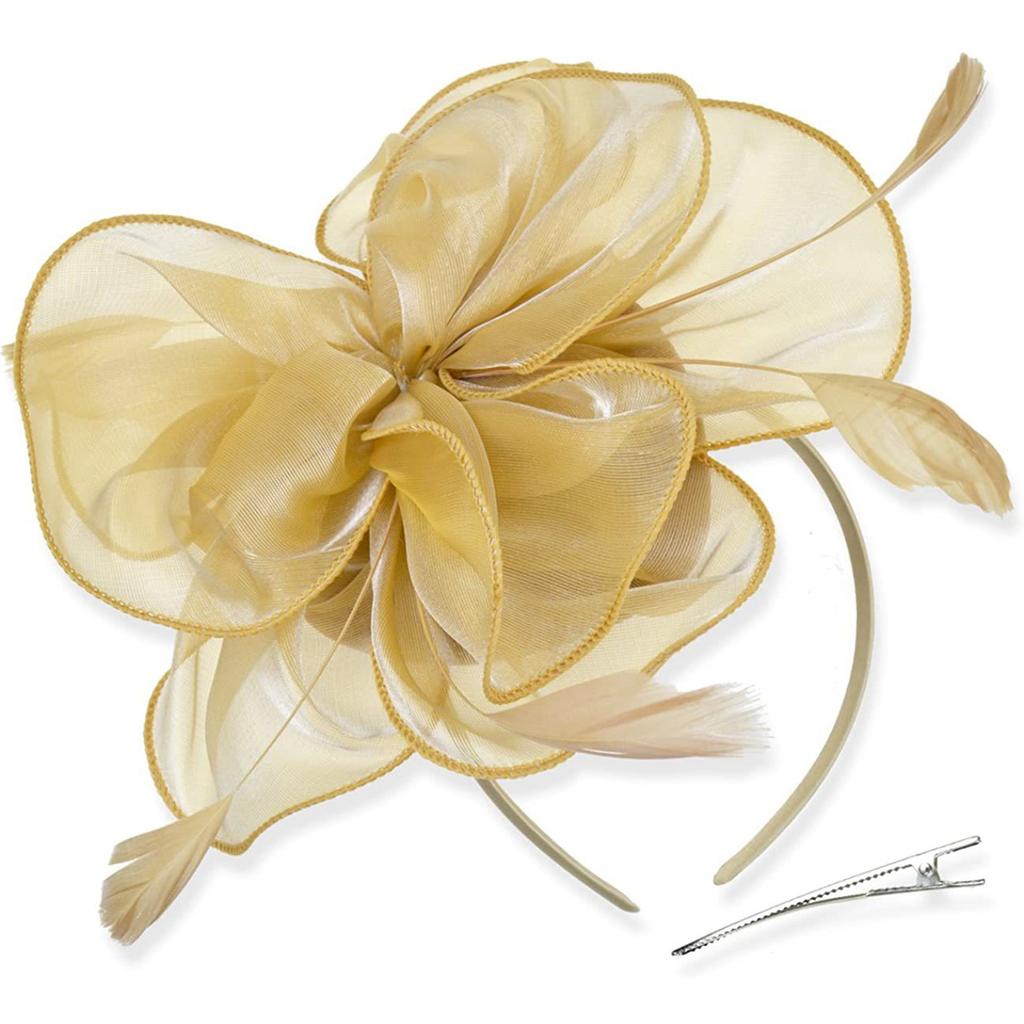 Tea Party Fascinator Hat for Party Wedding Women Feather Organza Fascinator Hair Pin Hat Big Flower Church Cap Headdress