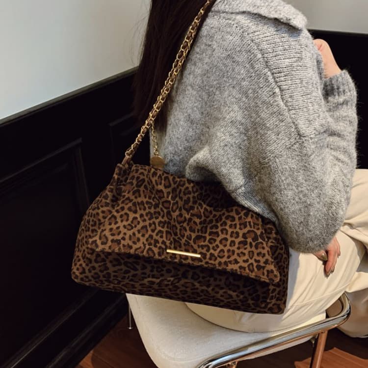 Ladies Gold Zipper Leopard Print Crossbody Bag