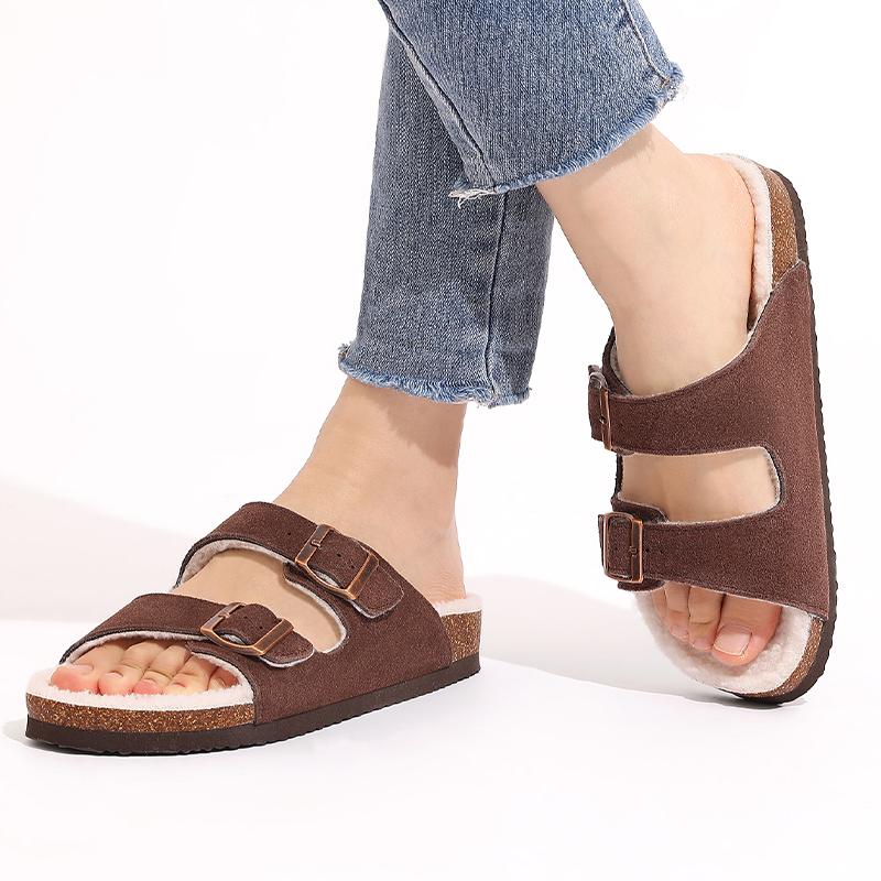 Fashion Shevalues Mode Damen Hausschuhe mit verstellbarer Doppelschnalle Gemütliche Plateau Haus Pantoletten Korkfußbett Damen Winter Sandalen