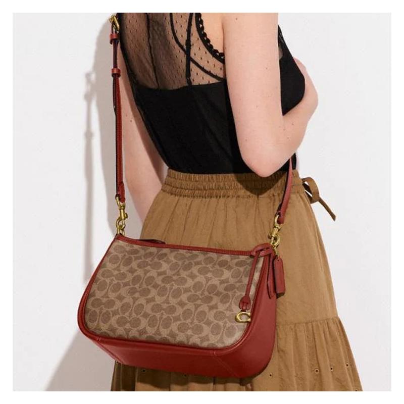 Coach Cary 28 Classic Presbyopic Zipper Metal Buckle C Logo Coated Canvas and Calfskin Portable Shoulder Crossbody Bag Large Size Women's Brown
