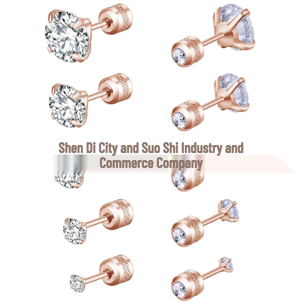 Mixed Round Zirconia Stud Earrings Set, Stainless Steel, Four-Prong Design.