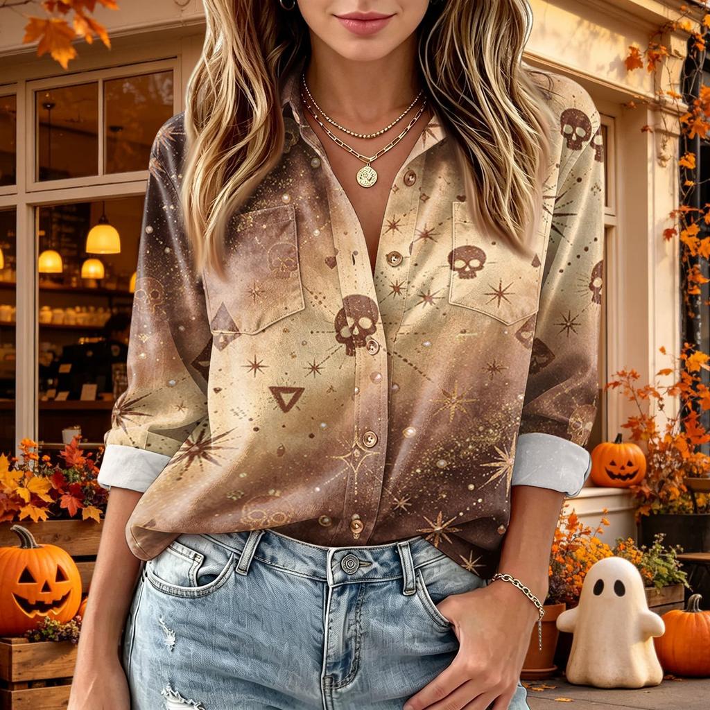 Women's Halloween Print Button Down Long Sleeve Casual Shirt with Two Pockets Top