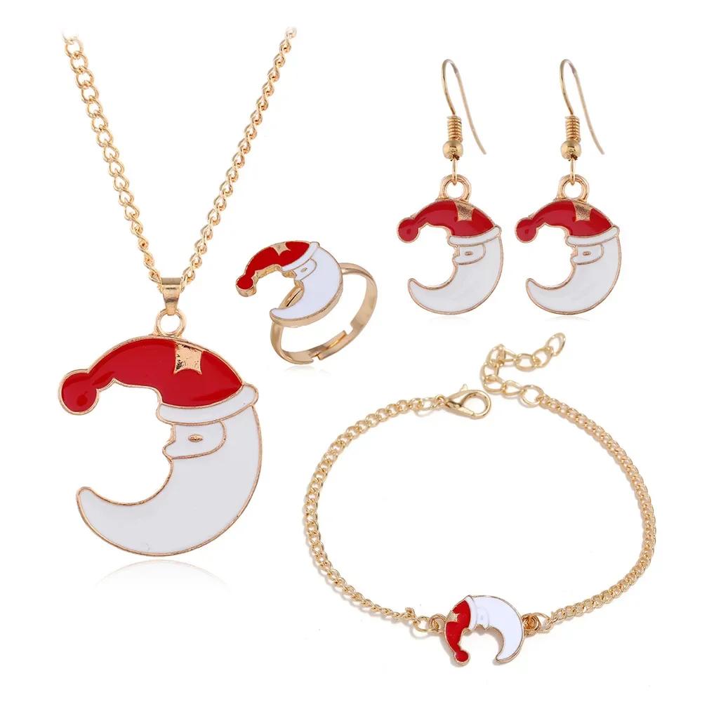 4PCS/Set Christmas Women Alloy Jewelry Set Santa Elk Bell Earrings Necklace Bracelet Decor Xmas Accessories Gift for Girl Women