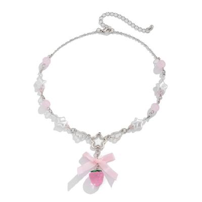 Stylish Strawberry Heart Necklace with Bowknot Accent Portable for Trendy Women Girls Sweet Fashion Statement Pieces