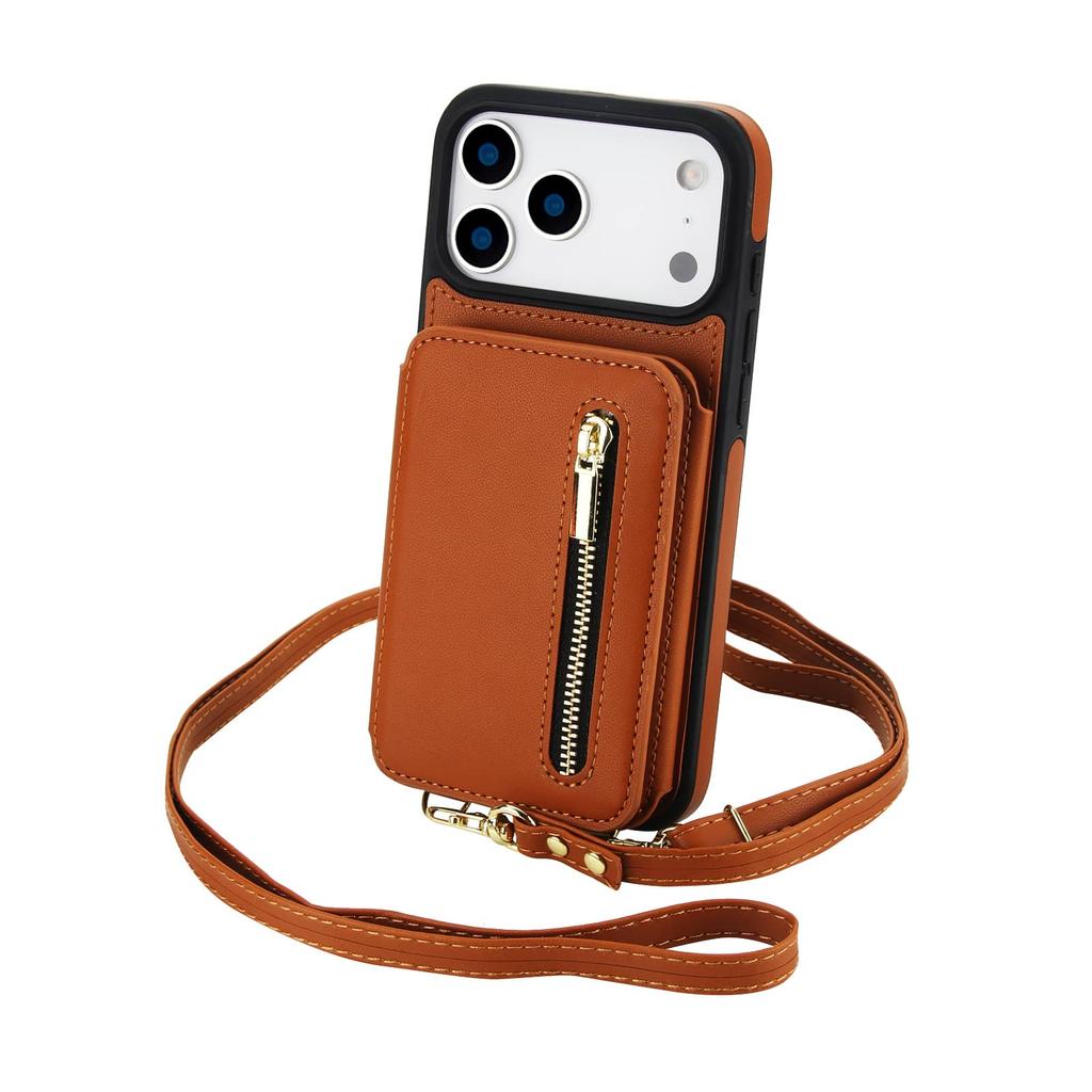 Zipper Wallet Case for iPhone 17/16e/16 Pro Max iPhone Air Women Crossbody Purse Credit Card Holder Lanyard Flip Kickstand Cover