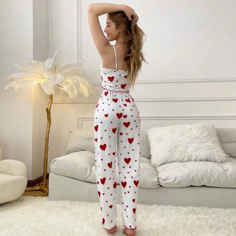 Two Piece Set of Women's Pajamas with Heart-Shaped Printed Vest and Shorts Casual Home Women's Pajamas Set