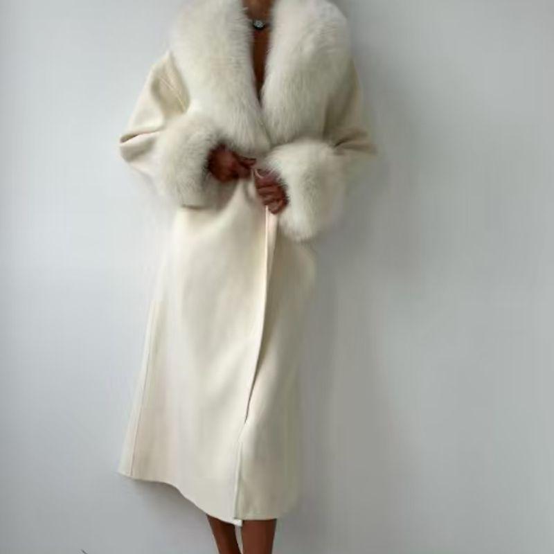 Za Autumn and Winter New Women's Clothing Zr European and American Style Fashionable Large Fur Collar Belt White Woolen Coat Long Jacket