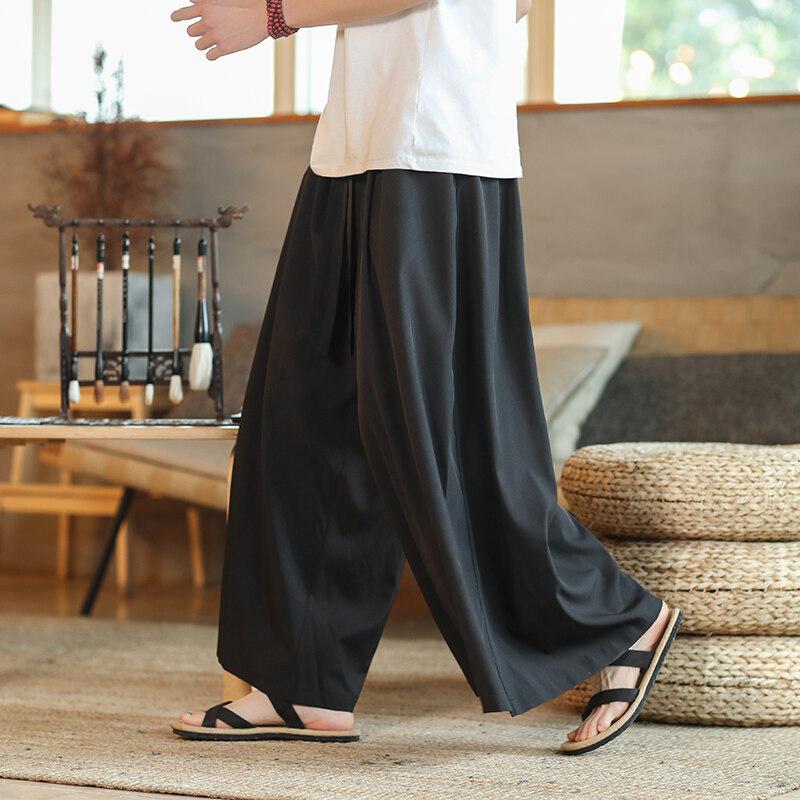 2025 Frühling Sommer Herren Japan Samurai Thai Weitbeinige Hosen Chinesische Urbane Streetwear Lockere Hosen Männlich Schwarz Lange Unterteile Hosen