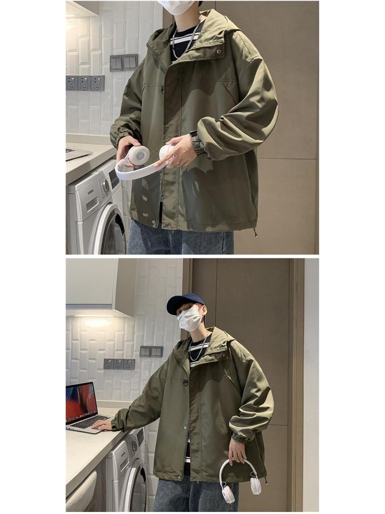 Men's Retro Baseball Jacket: Hooded, Loose-Fit, Casual, Solid Color for Spring/Autumn