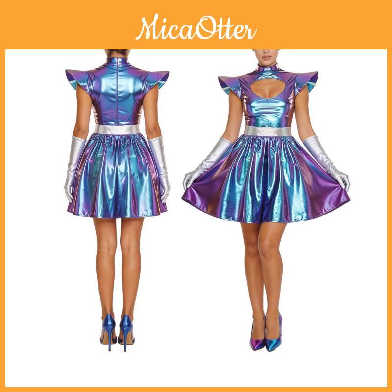 Scifi Space Themed Cosplay Gown With Metallic Finish For Halloween And Events