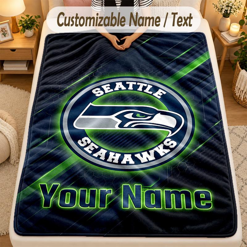 Flannel BlanketSeattle Seahawks Custom Name Text Personalized Soft Warm Throw Blanket Home Decor Gift