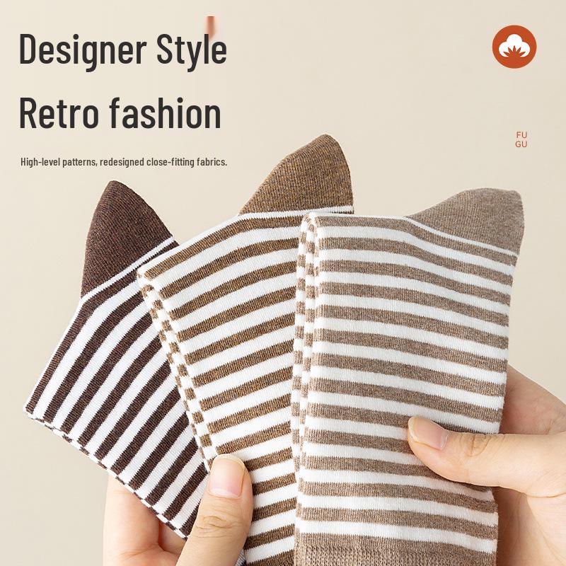 Women's Japanese Classic Striped Mid-Calf Socks, Anti-Pilling Cotton, Odor-Resistant, Autumn/Winter Style, Retro Student Trendy.