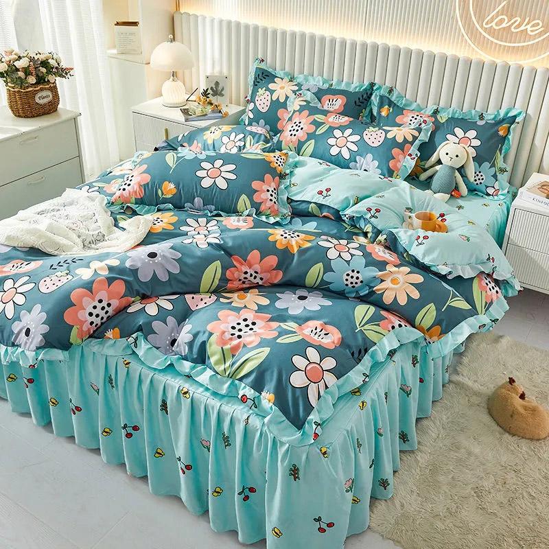 4pcs/set Girls Bed Skirts Comfortable Brushed Sheets Quilt Covers Bedding Sets Ins  Four Seasons Universal Four Piece Sets High Quality Home Textiles