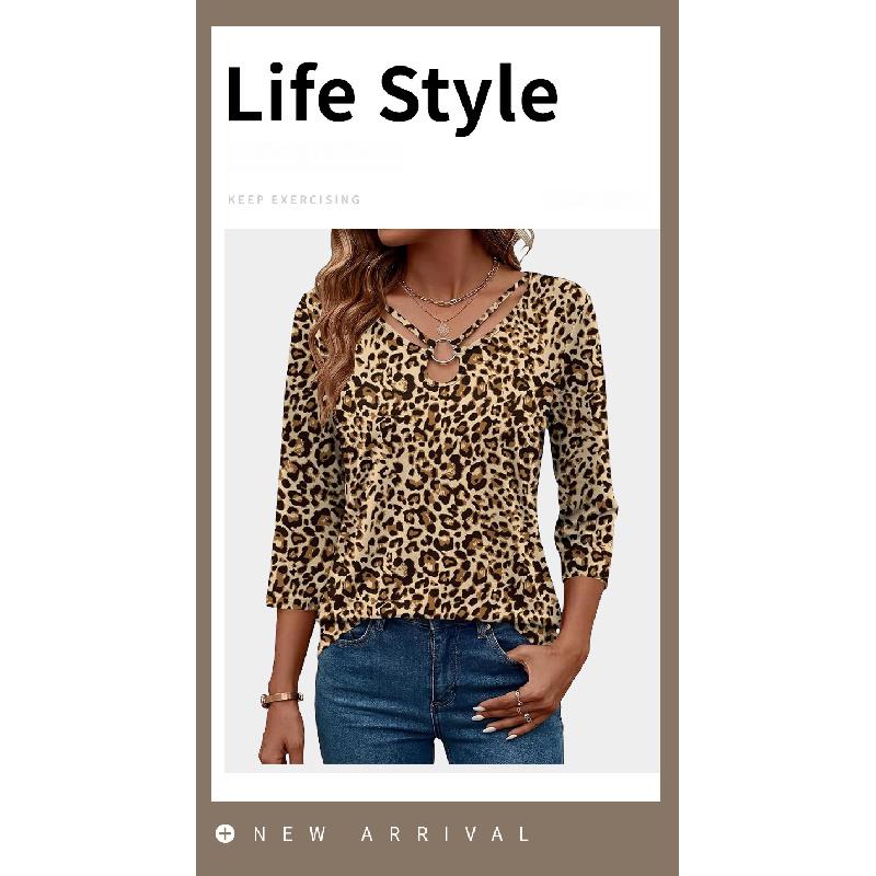 Spring new fashion simple leopard print top casual trendy three-quarter sleeve T-shirt