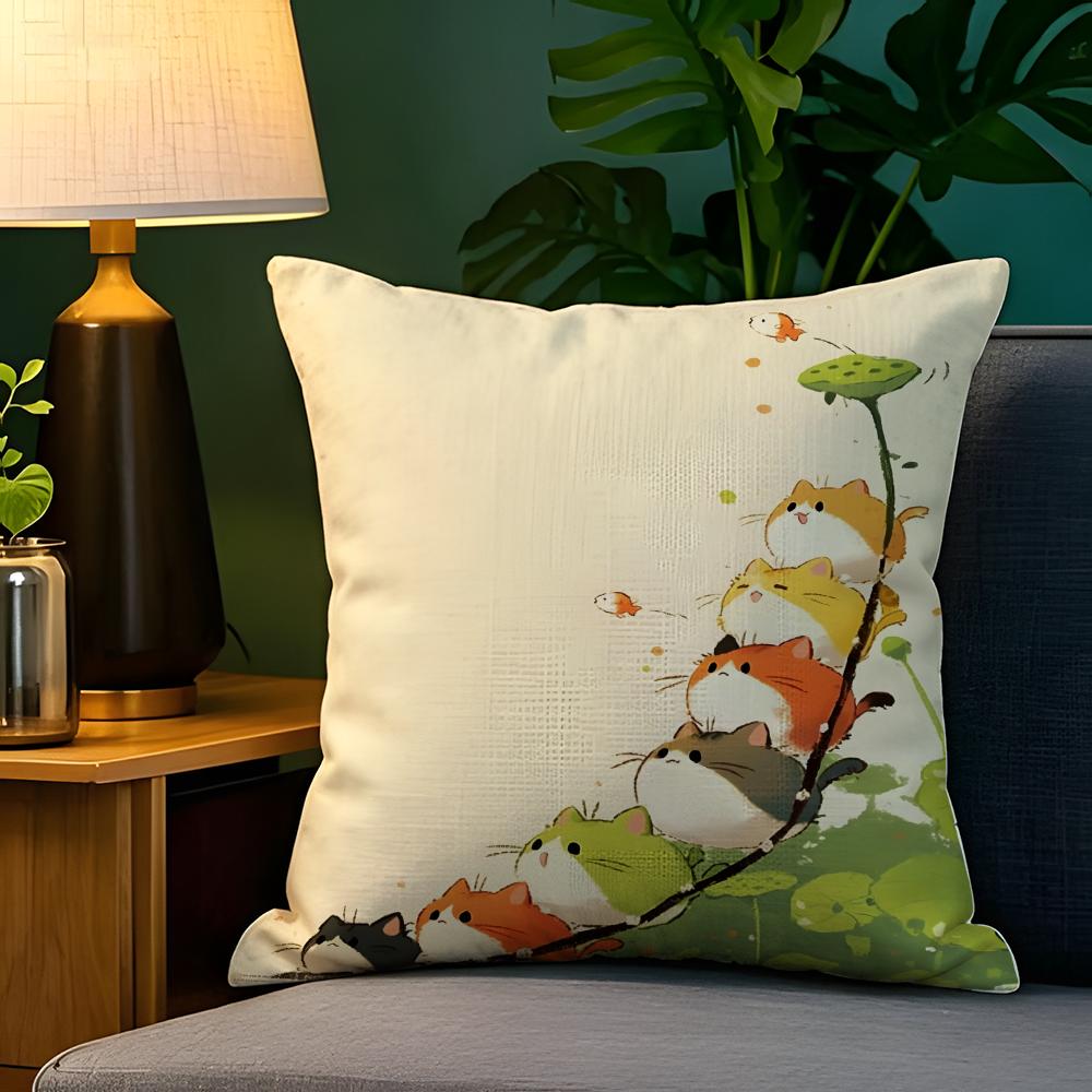 Spring Sunshine Cat Illustrations Pillow Case Natural Linen Pillow Case DoubleSided Decor Sofa Pillowcase Home Decor