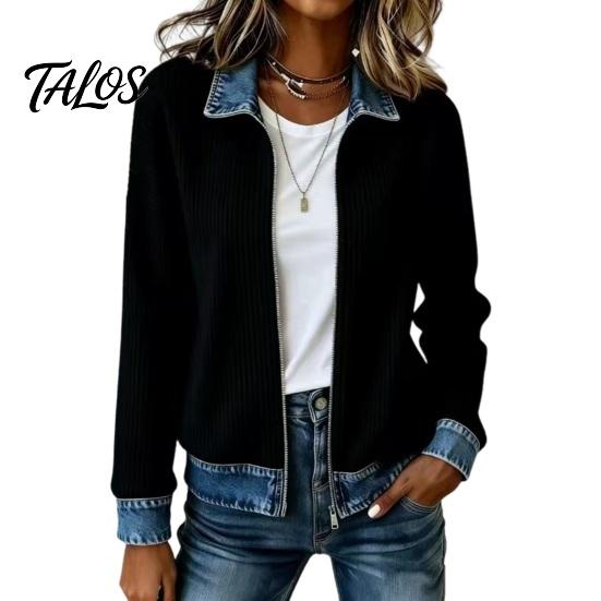 Ribbed Corduroy Top Women Denim Zip-Up Jacket, Long Sleeve Casual Coat, Relaxed Fit Jacket Fall Winter with Contrast Turndown Collar Outerwear