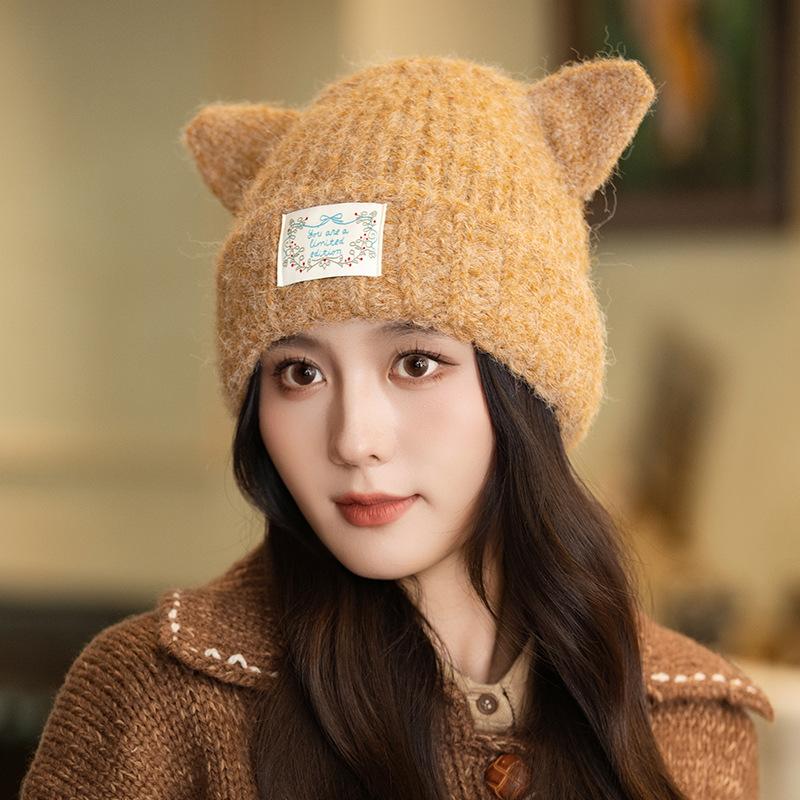 Fashionable and Versatile Warm Cat Ear Wool Hat for Women In Autumn and Winter Thickened Windproof Pullover Hat Japanese Casual Ear Protection Hat