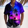 Men's Vacation Style Coconut Tree Sunset Print Short Sleeve Shirt Loose Breathable Lapel Cardigan Casual Beach Trip Top