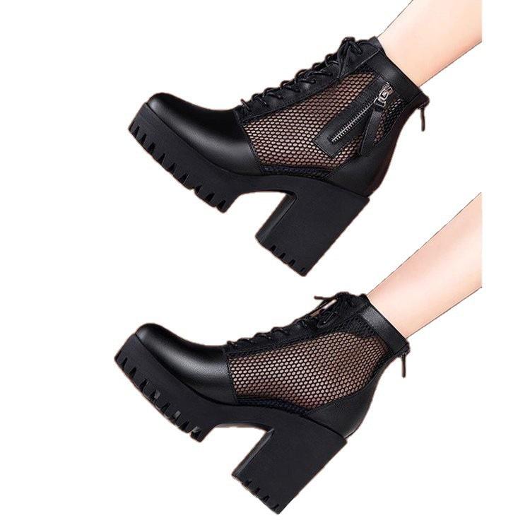 Soft leather mesh boots hollow mesh cool boots year summer breathable high thick heel thick sole Martin short boots