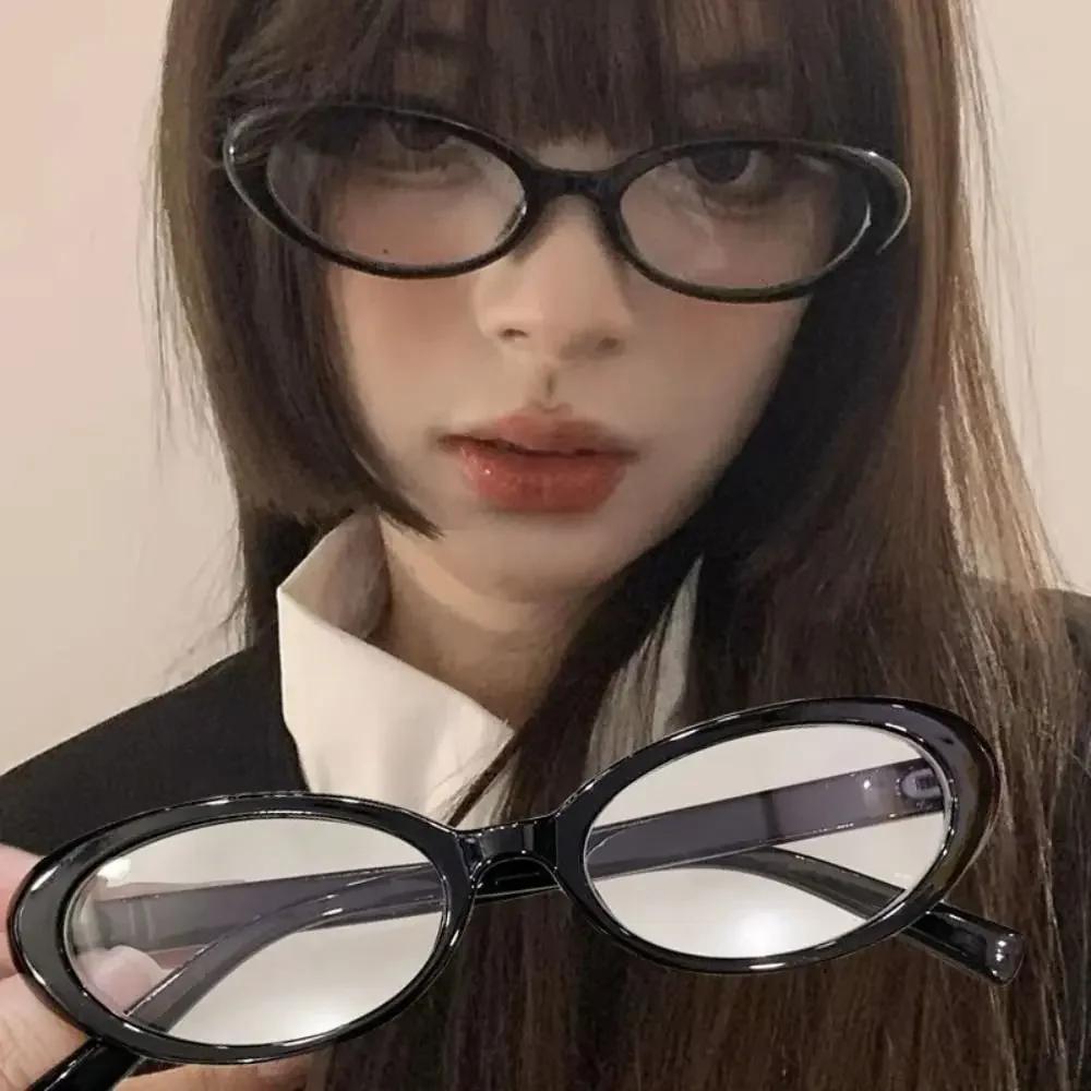 New Y2K Oval Frame Anti-Blue Light Glasses Girls Fashion Retro Cat Eye Narrow Spectacles Small Plain Computer Reading Goggles