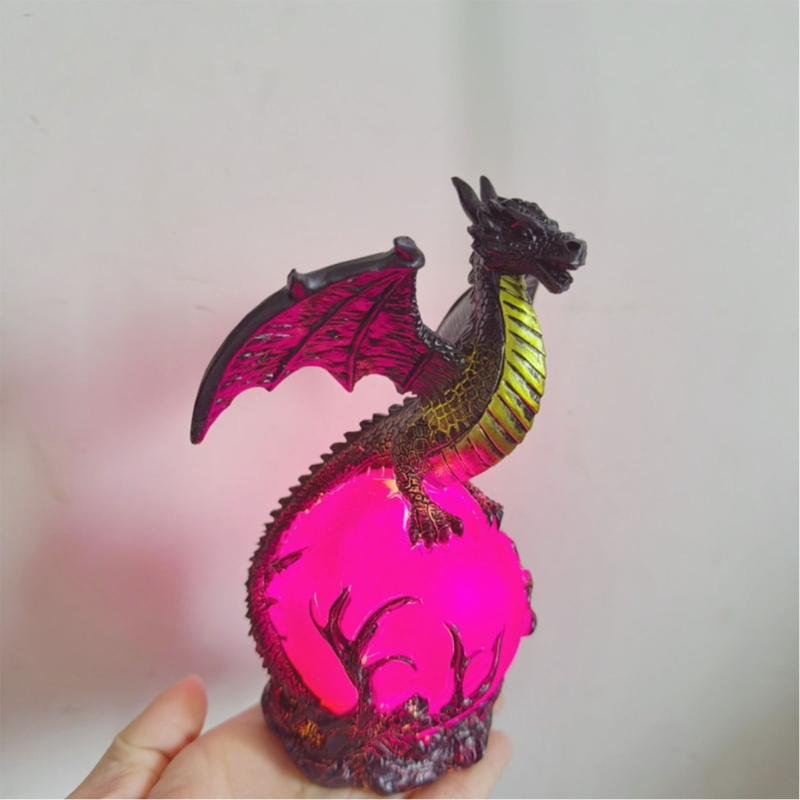 Dragon Figurine Lamp for Shelf Placement and Desk Display, Fantasy Statue Form, Lighted Sphere, Black Finish, Collector Item, Bedroom Use