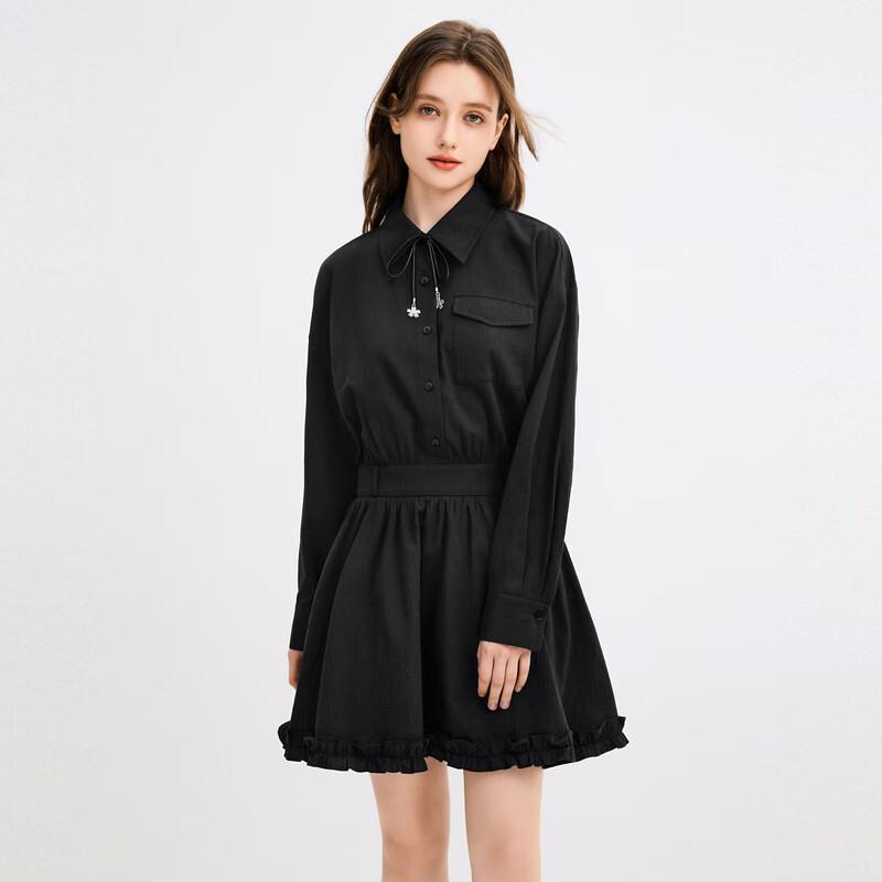 

Ledian Detachable Bow Elastic Waist Long Sleeve Shirt Dress S