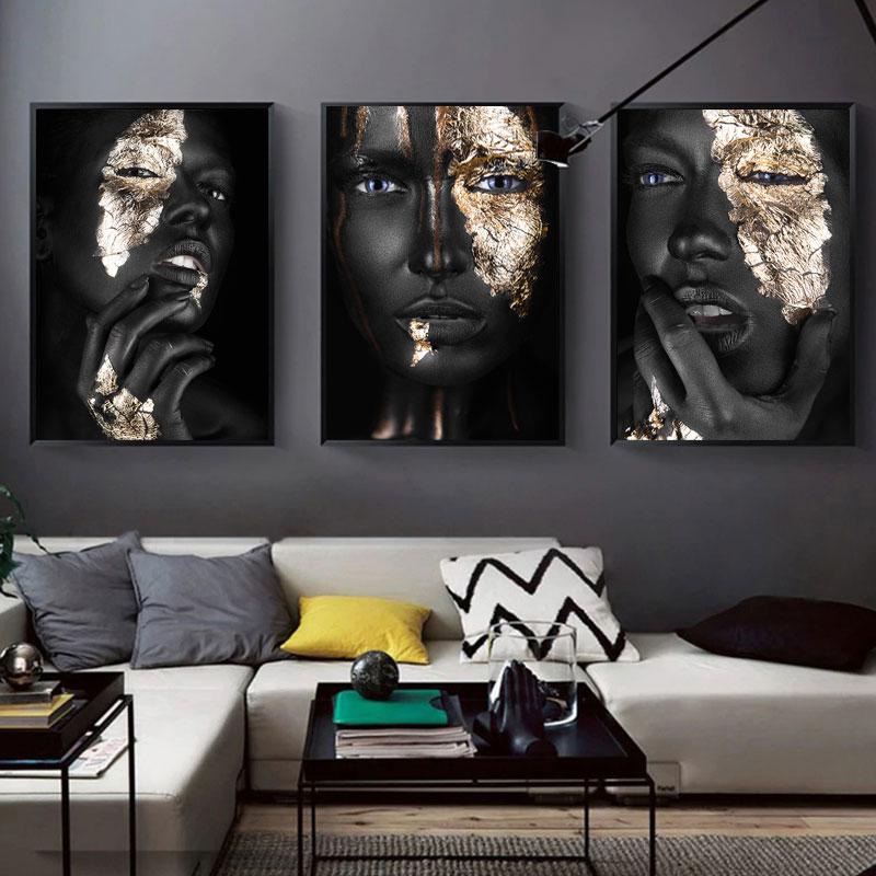 Gold and Black Woman Canvas Painting African Women Posters and Prints Cuadro Modern Wall Art Pictures for Living Room Decoration