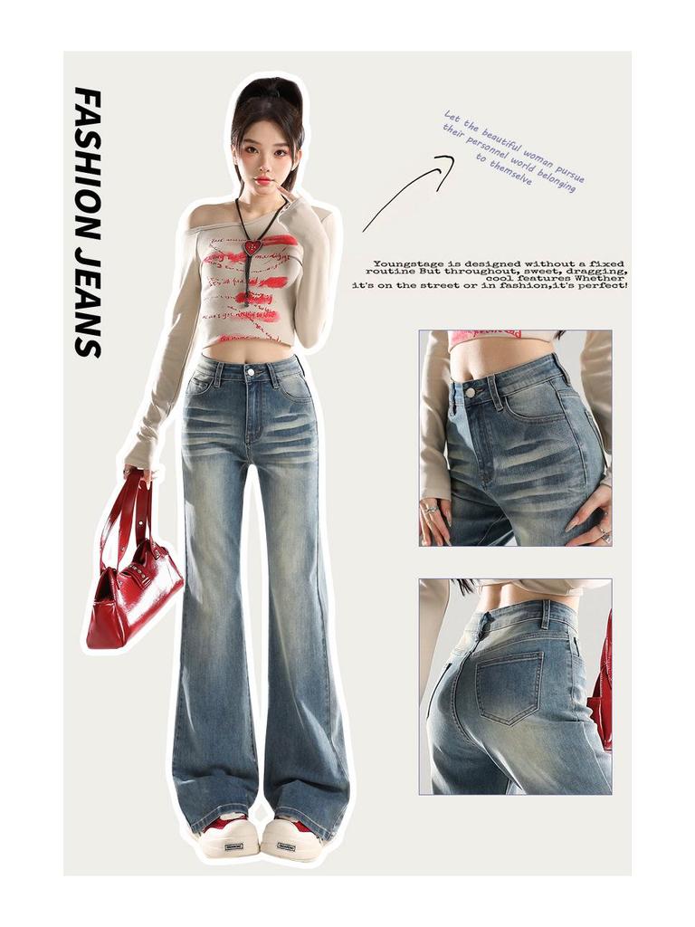 American Retro Mid-Waist Micro-Flare Jeans for Women - 2025 Autumn, Loose Fit, Crease Design