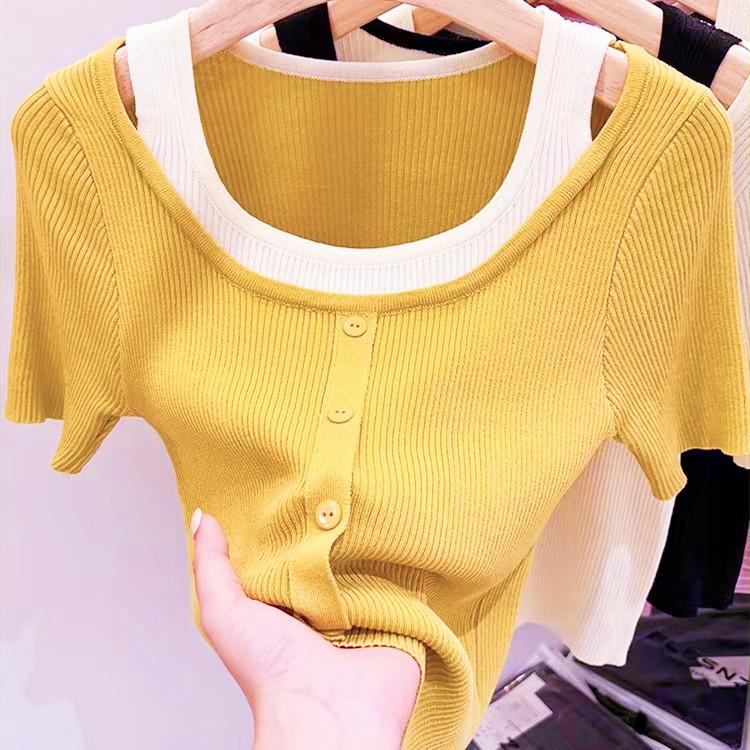 Knit Shirt Female Short-sleeved Summer Unique Chic Design Sense False Two-piece Short Top Bottoming Shirt Female Casual Slim Fit Pullovers Tees