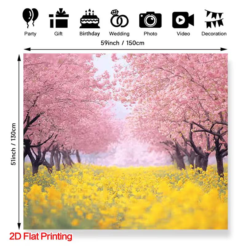 2D Spring Garden Background Cloth Pink Cherry Blossom & Yellow Rapeseed Decor 47.2x31.5inch/120*80cm