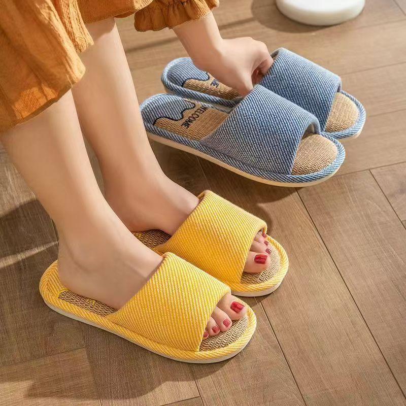 Damen Leinen Hausschuhe Vier Jahreszeiten Herren Indoor Sandalen Erwachsene Paare Offene Zehen Atmungsaktiv Hausschuhe