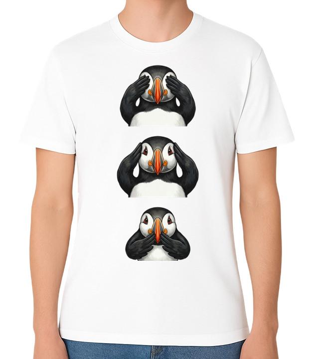 Funny Puffin See Hear Speak No Evil Graphic Unisex T-Shirt Animal Tee S