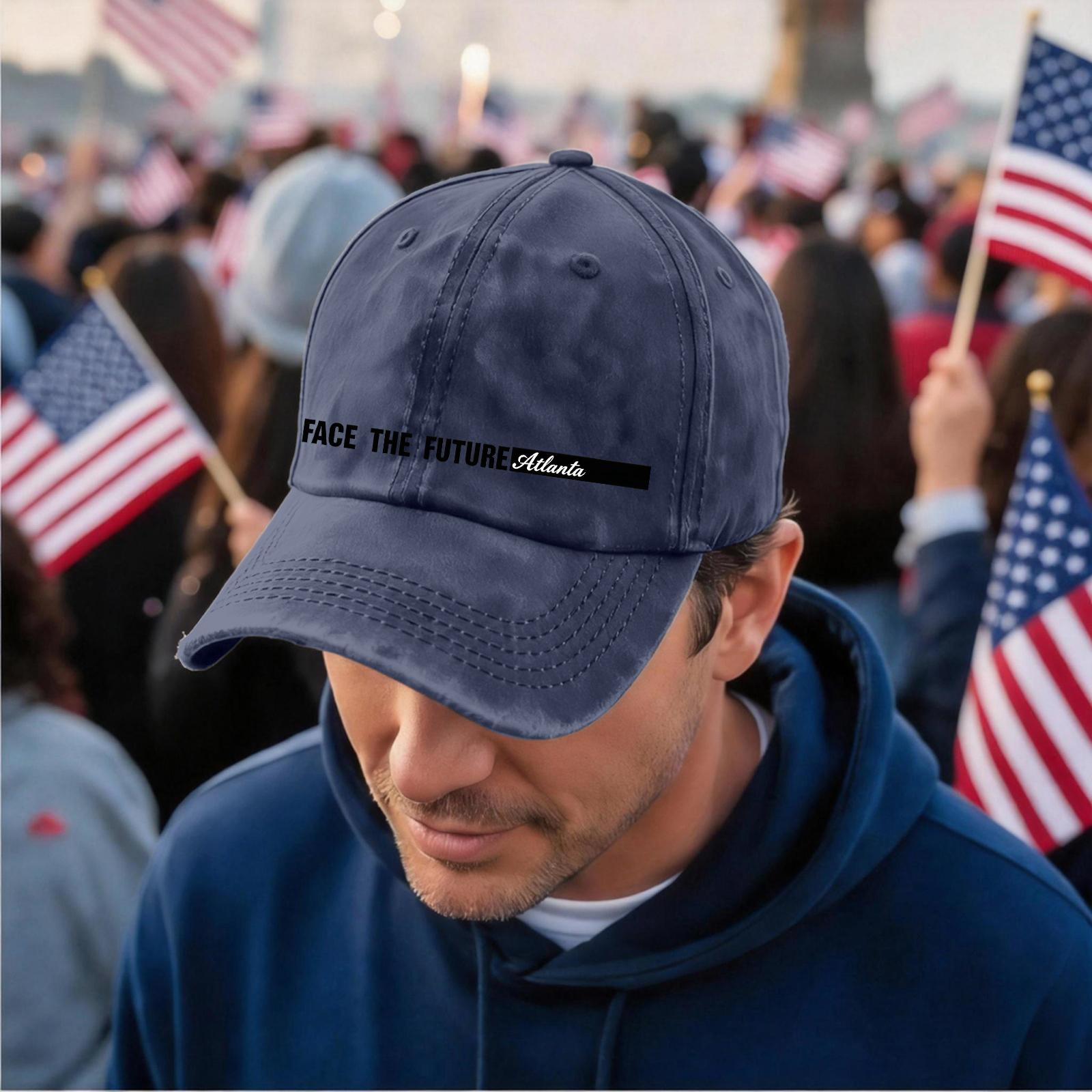 

Unisex Vintage Washed Baseball Cap with Letter Print FACE THE FUTURE Adjustable Casual Hat for Outdoor Activities One Size тёмно-синий