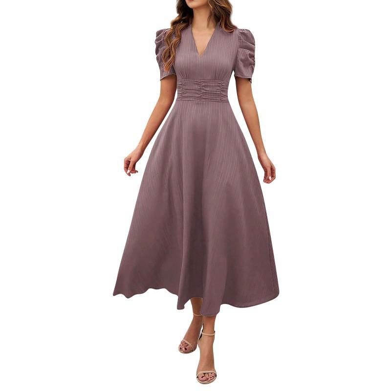 2026 Women's Fashionable Temperament High-waist Solid Color Waist-closing Short-sleeved Dress