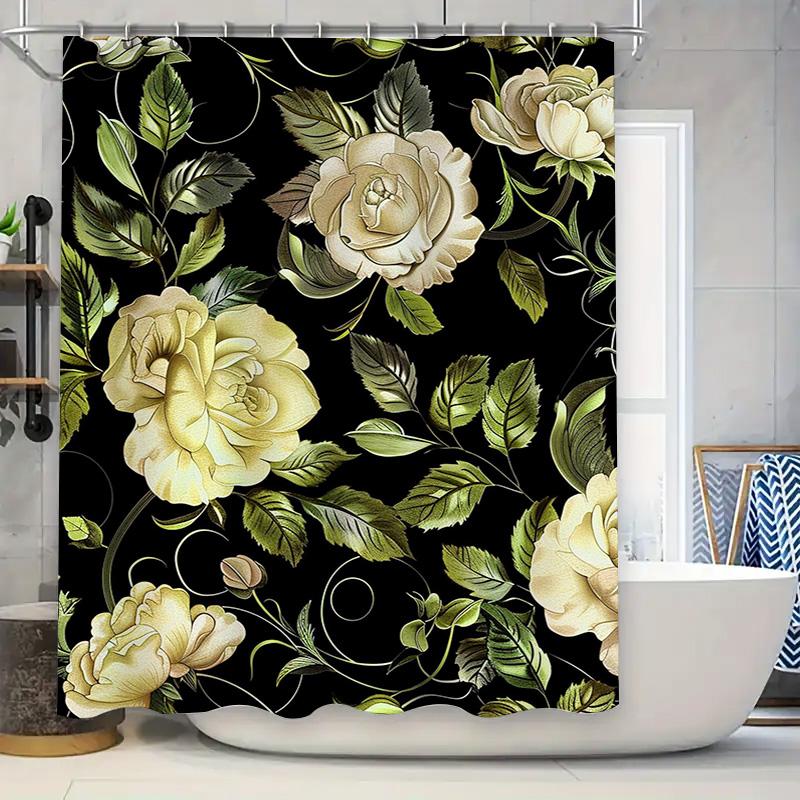 

Luxury Floral Shower Curtain Bath Mat Decor Home Textile Waterproof Printing Bathroom Wall Hanging Decoration White Rose Design W60H190(CM)-1 Pcs