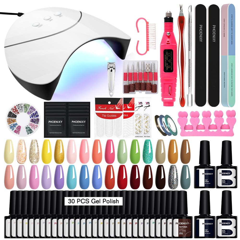 PHOENIXY 30 Colors Gel Nail Polish Nail Drill Machine 36W UV LED Lamp Top Base Coat Manicure Set and DIY Nail Art Decoration Tools