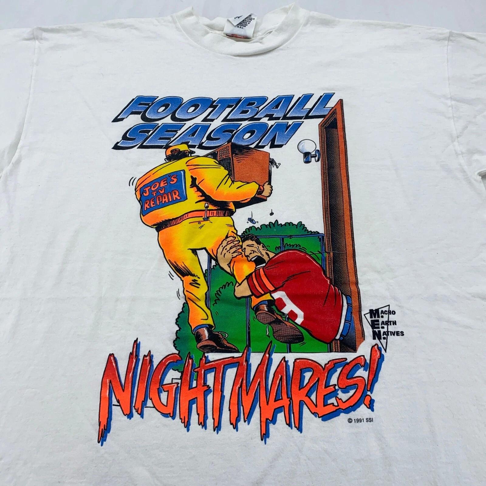 

vintage 90s FOOTBALL SEASON NIGHTMARES CARTOON PARODY T-Shirt LARGE dad joke tv S