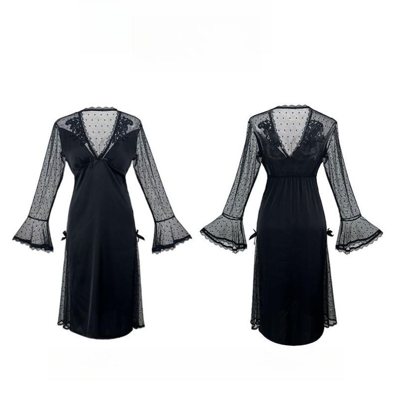 Fairy Style Semi-Sheer Backless Nightgown Ice Silk Mesh Polka Dot Slim Fit Long Cami Loungewear 535 Dreamy Lightweight Sleepwear for Summer Nights