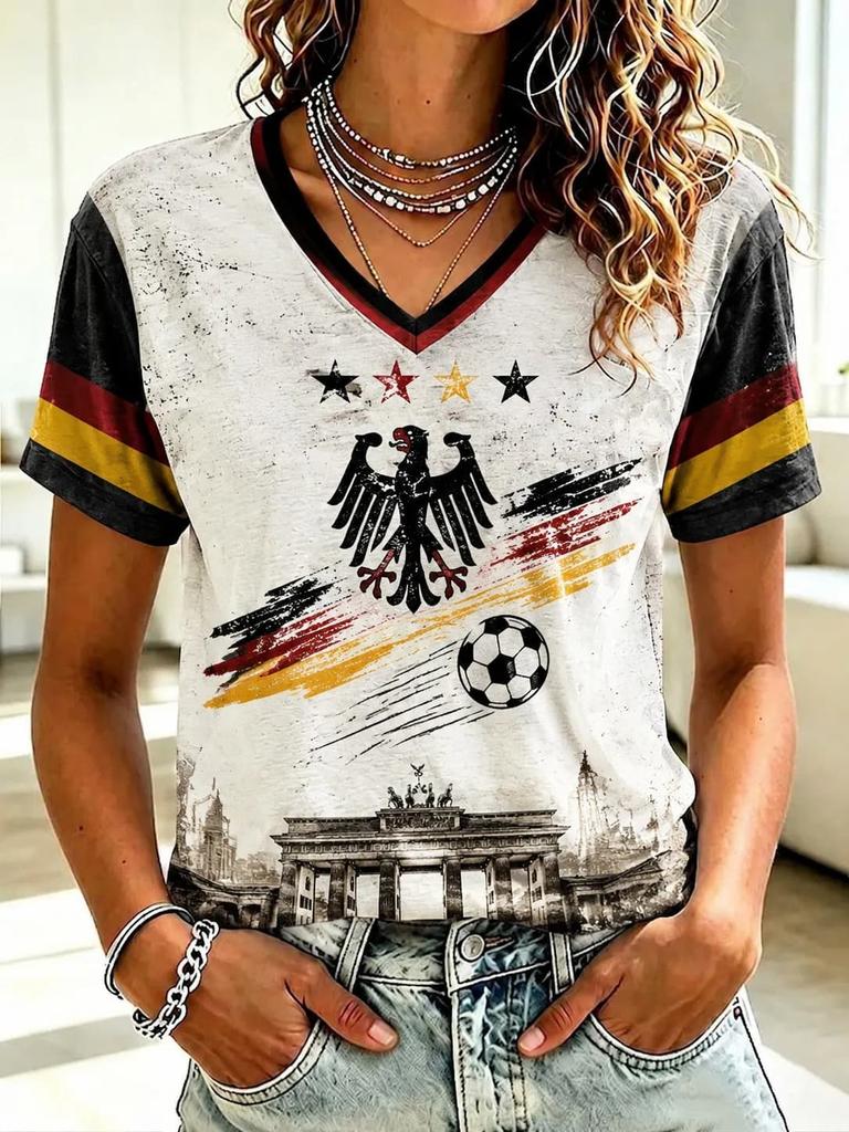 German Women Football Supporter V Neck Mesh Tee Graphic Flag Stripe Cuff Summer Casual Short Sleeve T Shirts Family Matching